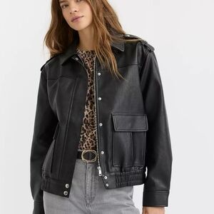 NEW! ANN TAYLOR LOFT Black Pebbled Faux Leather 90's Style Jacket Coat XSP.